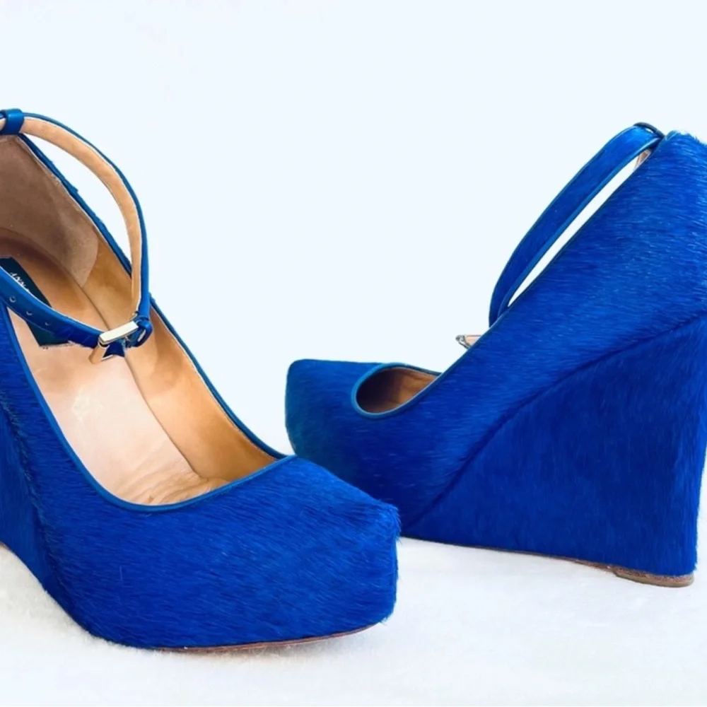 Ann Taylor cobalt blue-platform calf hair wedge heels with ankle buckle strap 7